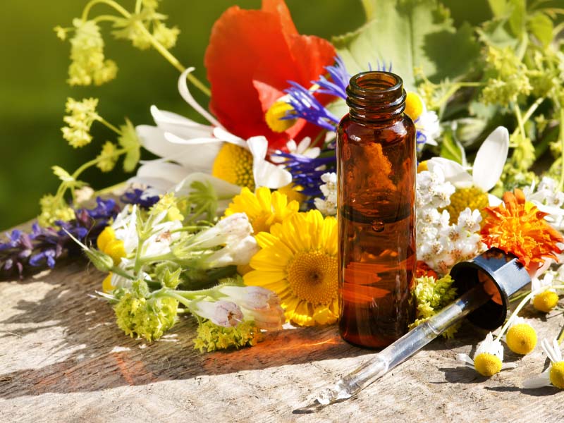 Bachbl&uuml;ten und andere Blumen sowie ein Fl&auml;schen mit Fl&uuml;ssigkeit